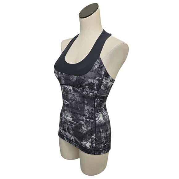Lululemon Scoop Neck Workout Tank Top White Gray Cursive Script Womens Size 4 - Picture 8 of 12